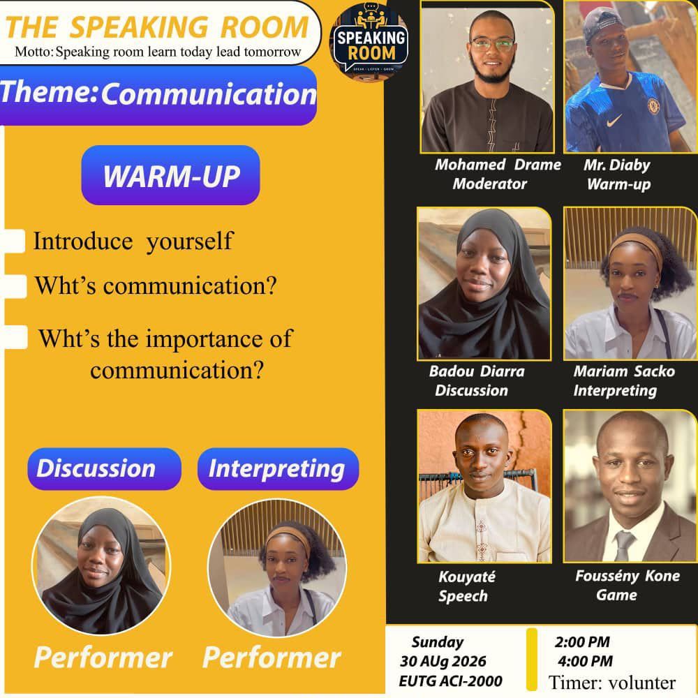 Programme de séance, thème Communication : warm-up, discussion, interprétation, discours et jeu